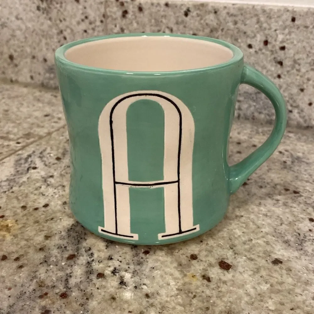 Anthropologie Hand Painted Letter A Monogram Green Ceramic Coffee Tea Mug